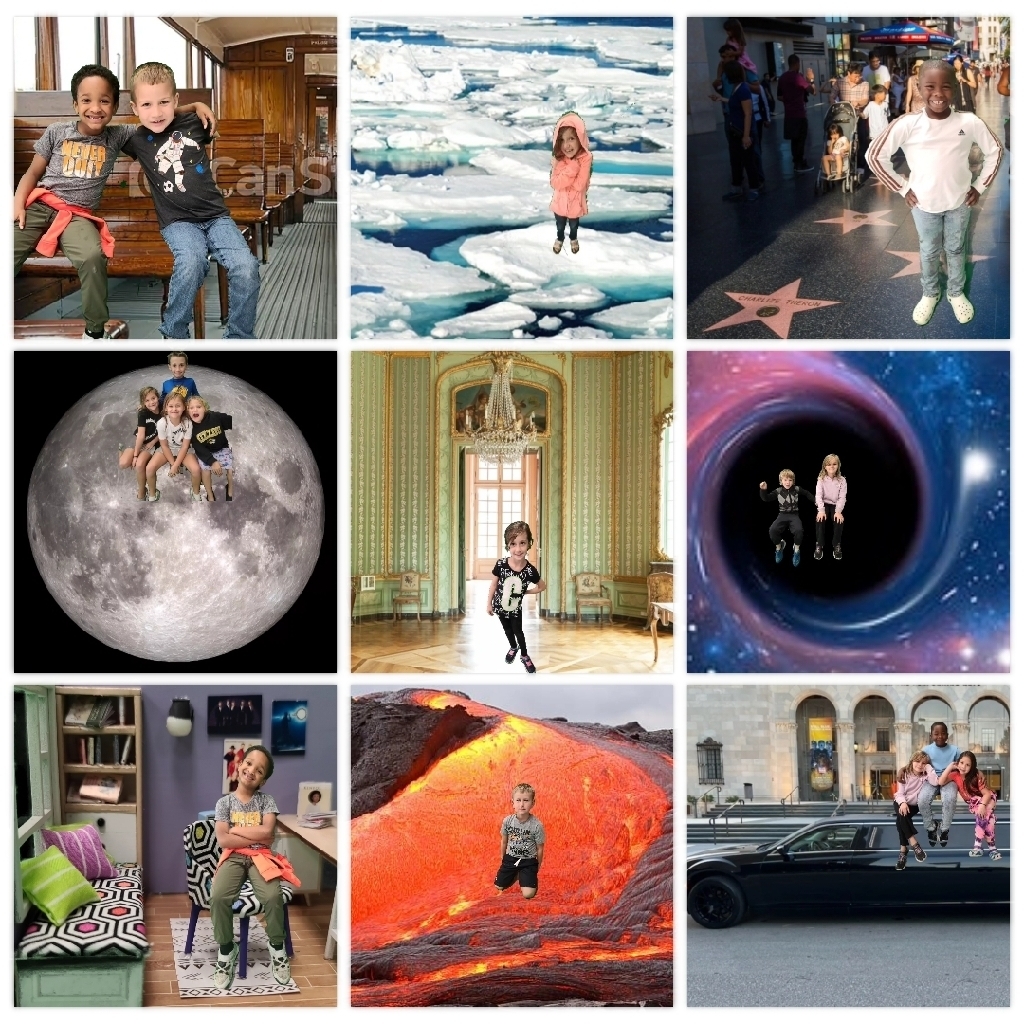 9 square grid of photos of students in green screen scenes