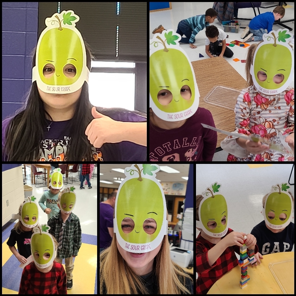 Photo collage of students wearing paper masks that look like green grapes